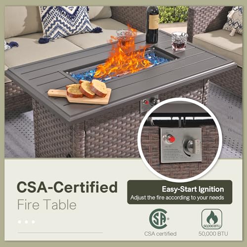 SUNSITT Outdoor Fire Pit Table 43 Inch Wicker Propane Fire Pit with Aluminum Tabletop 50,000 BTU Gas Firepit with Fire Glass, Lid, Cover, Taupe Rattan