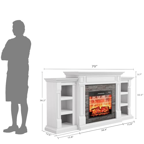 LGHM 70" Electric Fireplace with Mantel, Fireplace TV Stand for TVs Up to 80 Inch, Modern Entertainment Center with Storage, Realistic Stacked Stone Surround with Remote Control for Living Room