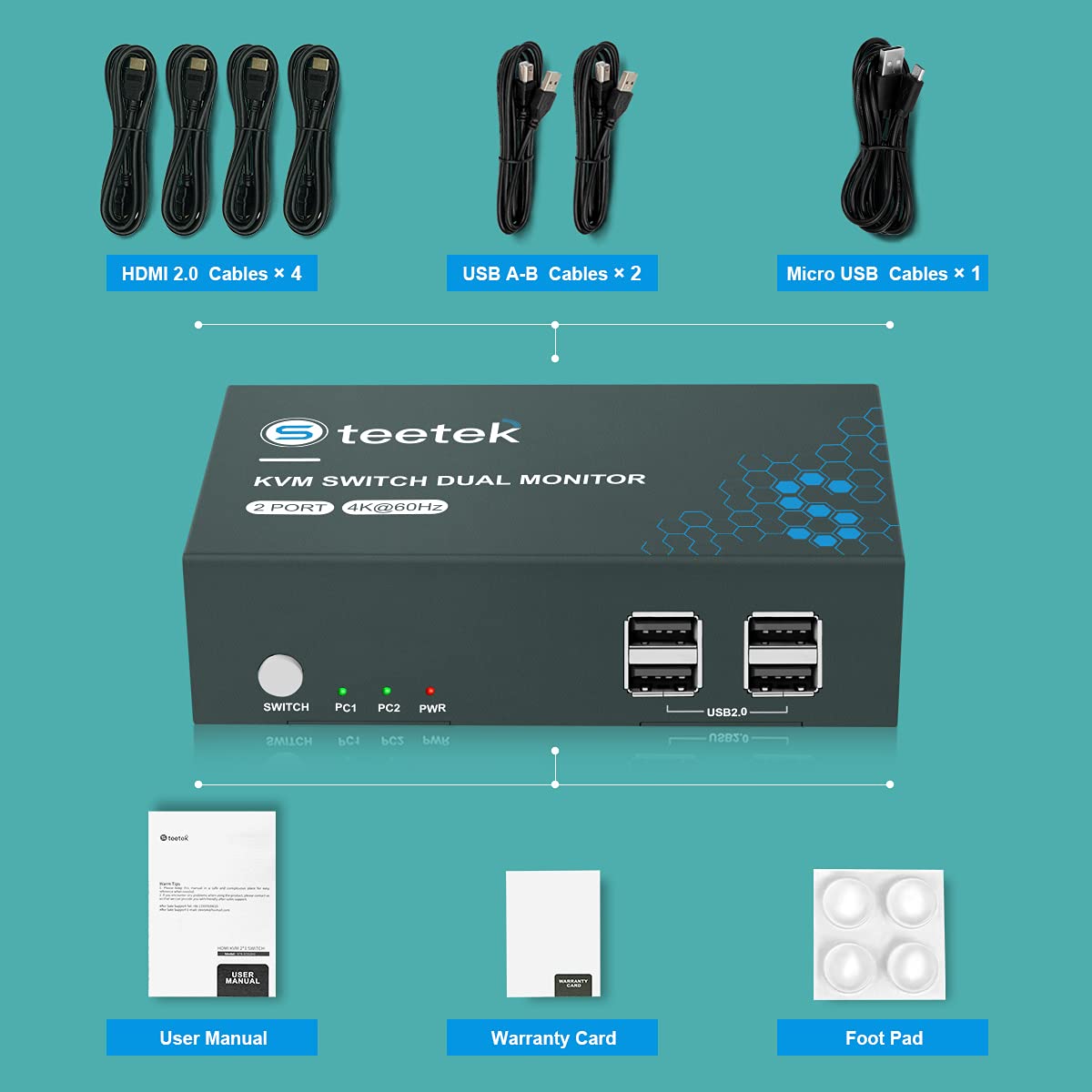 KVM Switch HDMI Dual Monitor Extend Display, UHD4K@60Hz, YUV 4:4:4, 2 Computers Share 2 Monitors and one set Keyboard Mouse, 4 USB 2.0 ports, HDCP2.2, one Button Switch with 4 HDMI and 2 USB Cables