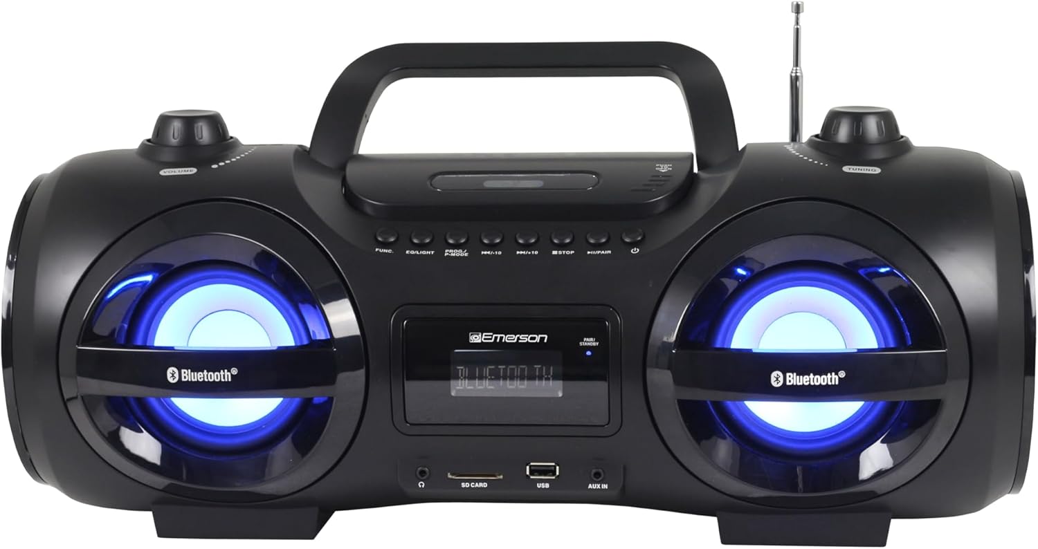 Retro Portable Boombox CD Player, Cassette, AM/FM Radio, Bluetooth, USB, LED Display, Aux-in, Headphone Jack, Battery or AC Powered, Classic Entertainment for Home & Outdoors