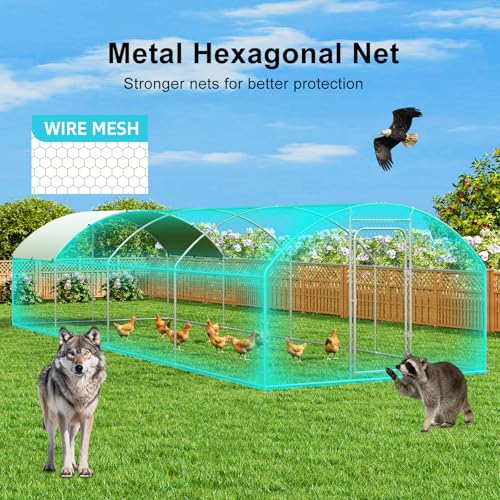Large Metal Chicken Coop Walk-in Poultry Cage Chicken Run Pen Dog Kennel with Waterproof and Anti-Ultraviolet Cover for Outdoor Farm Use(9.8' L x 19.7' W x 6.4' H)