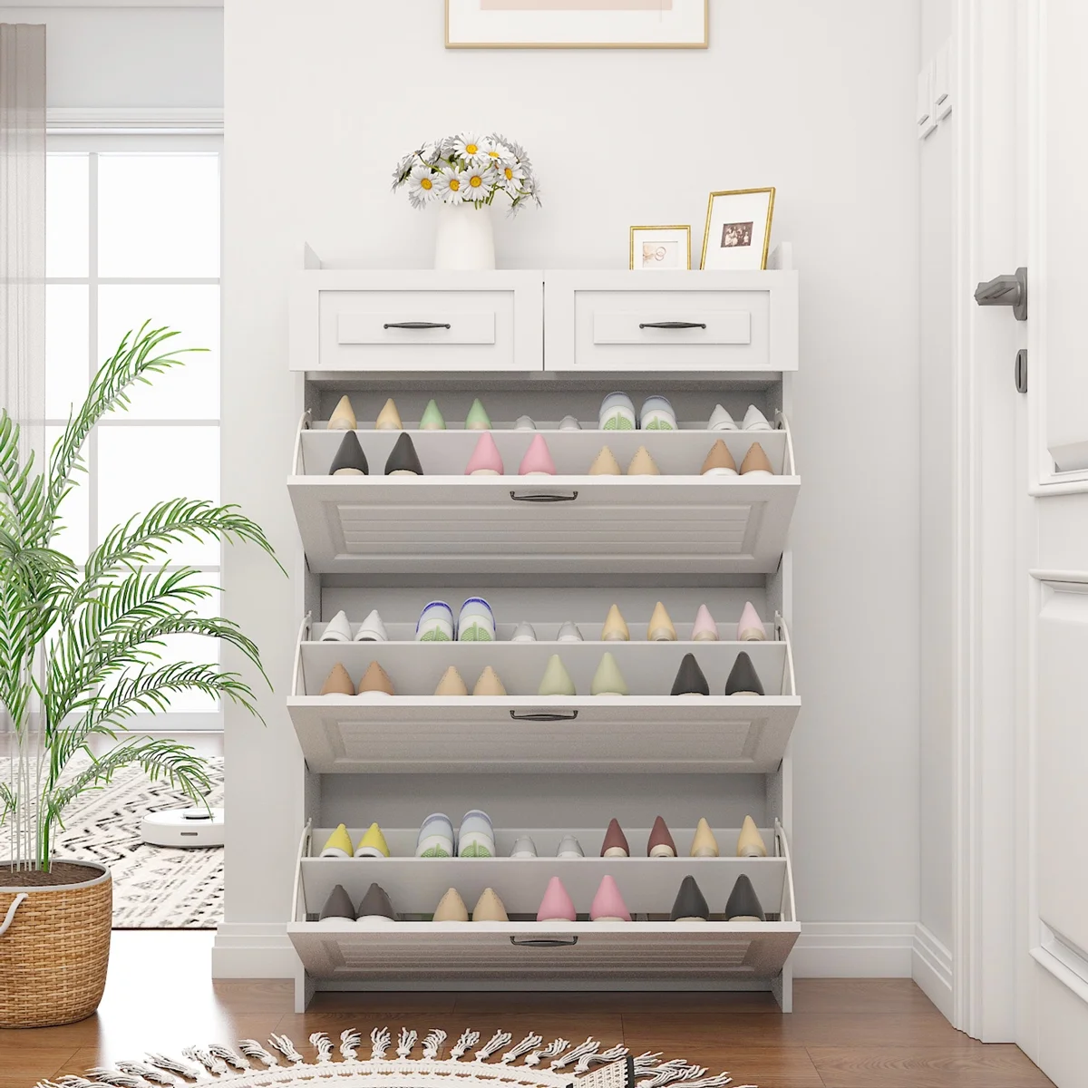 Yone jx je Shoe Cabinet for Entryway, White Narrow Shoe Storage Organizer with 3 Doors 2 Drawers,Flip Down Shoe Rack Wood 4 Tier Shoe Storage Cabinet for Hallway, Living Room,Home and Apartment