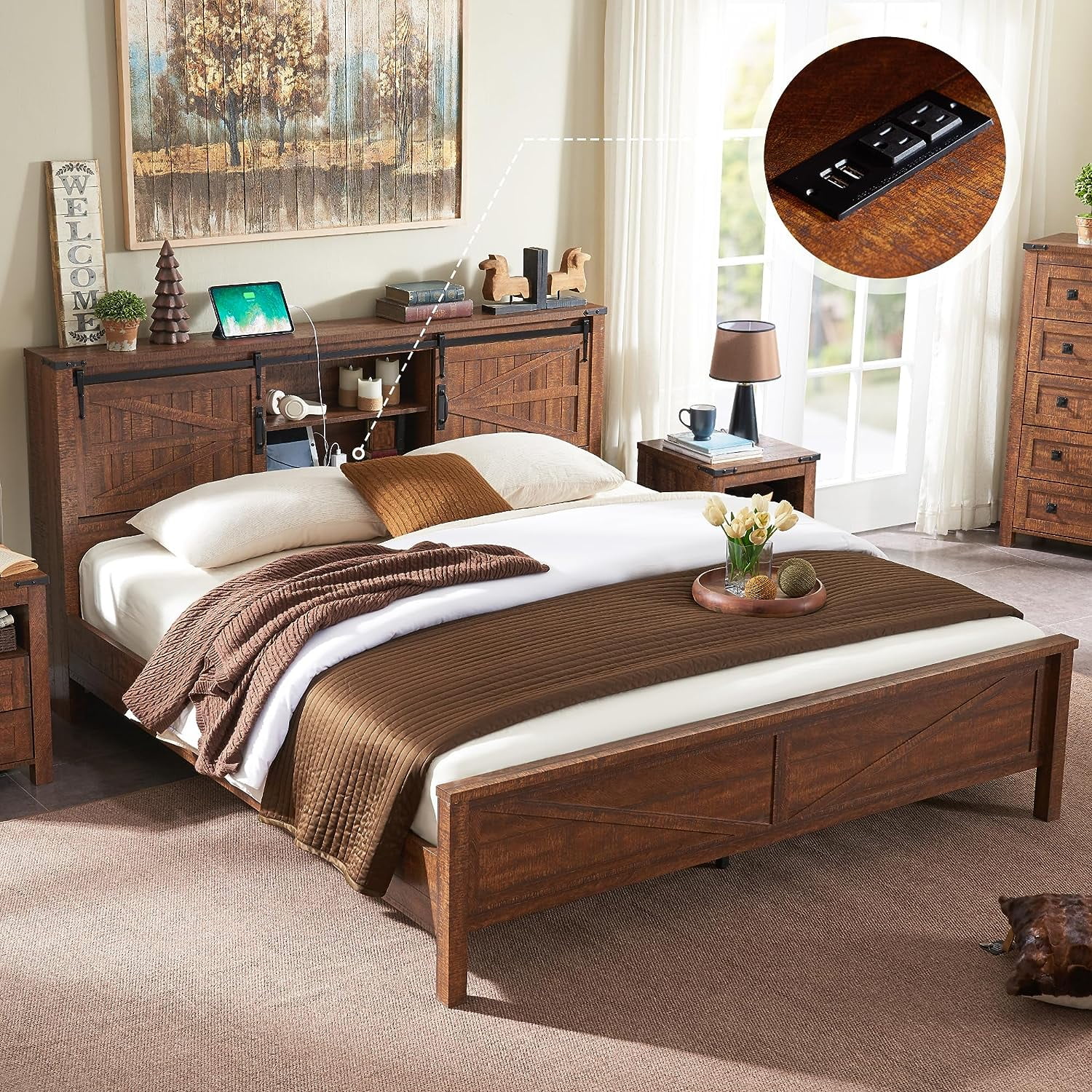 OKD Modern Farmhouse Full Platform Bed with Bookcase Headboard Storage and Charging Station, No Box Spring Needed, Anitique White Finish