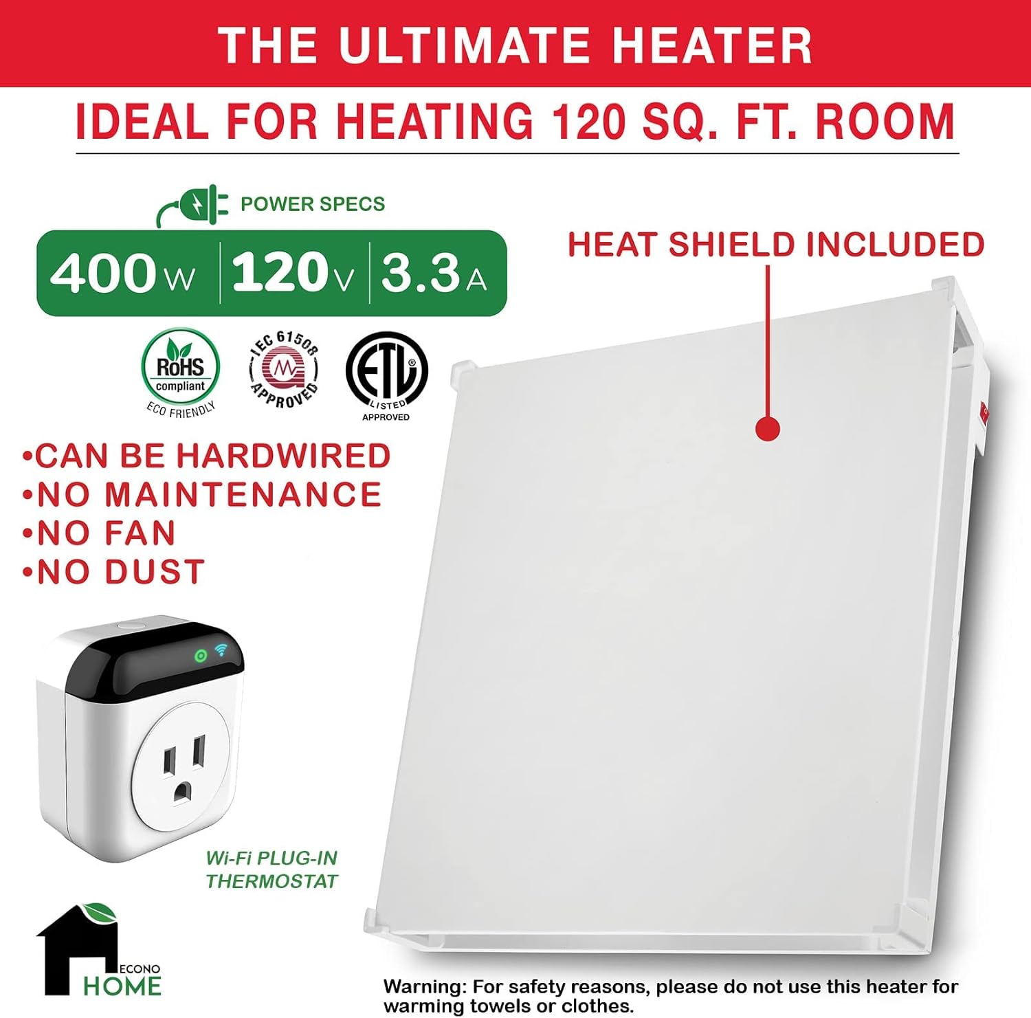 EconoHome Wall Mount Space Heater Panel - 250 Watt Splashproof Convection Heater - Ideal for 100 Sq Ft Room or Bathroom - 120V Electric Heater - Save Up to 50% of Heating Cost - Overheat Protection