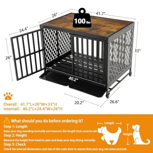LUCKUP Heavy Duty Dog Crate Furniture for Medium and Large Dogs, Dog Kennel Indoor Dog Cage end Table, Wooden Metal Pet House with Trays, Lockable Wheels 42inch Black