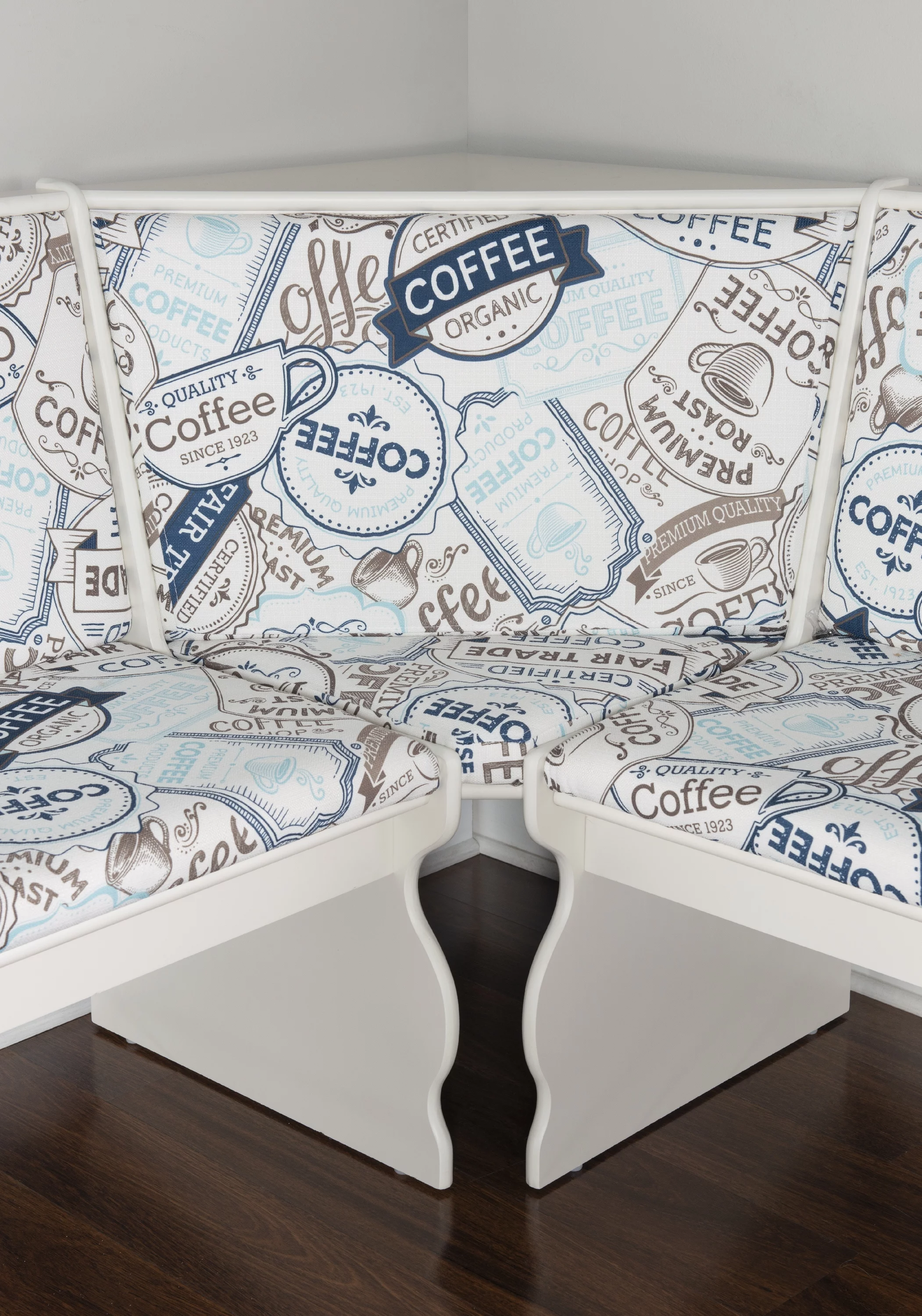 Linon Sasha Casual Dining Breakfast Nook with Corner Unit, Table, and Bench, 29.4" Table Height, Seats 5, White Finish with Coffee Patterned Fabric