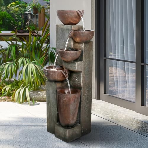 Naturefalls 5-Tier Outdoor Water Fountains with LED Lights - 39”H Floor Standing Indoor Water Fountains for Garden, Patio, Deck, Porch - Yard Art Decor (Grey, 39H inches)