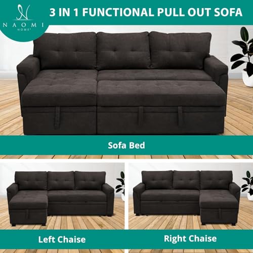 Naomi Home Jenny Sectional Sofa Sleeper with Storage Chaise, Tufted Pull Out Couch with Storage, L-Shaped Reversible Sleeper Sofa with Storage, Black,Air Leather