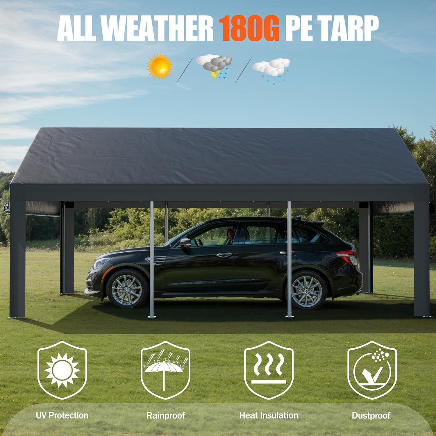 JAMFLY Carport, 10x18.5 ft Heavy Duty Car Canopy with Roll-up Windows, Portable Garage with Removable Sidewalls & Doors, Car Canopy with All-Season Tarp for Car, Truck, Boat