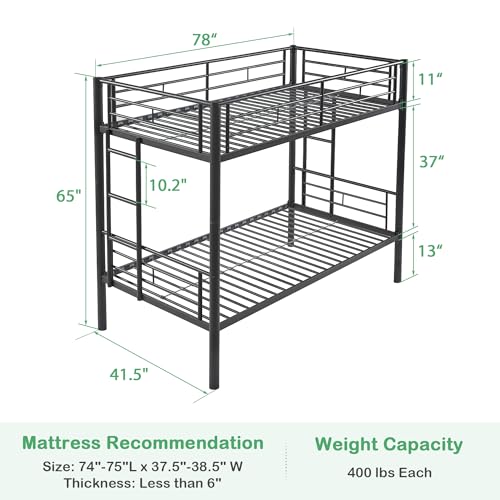 VECELO Metal Loft Bed Twin Size, Heavy Duty Bedframe with Removable Ladder and Safety Guardrail, Space-Saving, Noise Free, No Box Spring Needed, Off White
