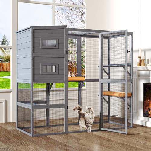 Catio Outdoor Cat Enclosure, Large Cat House for Mulitiple Cats Walk in Cat Cage with Waterproof Cover and Sunshine Panel Roof, Feral Cat Shelter with 7 Platforms and 2 Resting Box, 72 inch