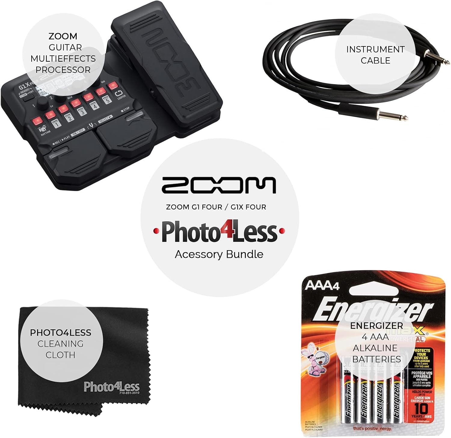 Zoom G1X Four Guitar Effects Processor with Built-In Expression Pedal - 70+ Built-in Effects, Amp Modeling, Looper, Rhythm Section, Tuner + 4x AA Batteries + Instrument Cable + Cleaning Cloth