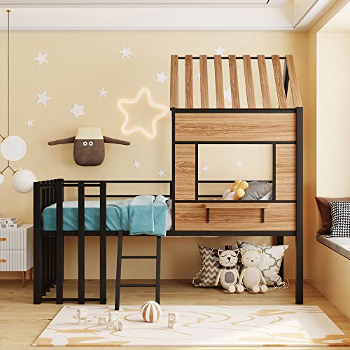 Harper & Bright Designs Kids House Beds Low Loft Bed Frame with Roof, Window, Guardrail and Ladder, Metal Twin Size Loft Bed for Kids Teens Girls Boys (Twin, White)