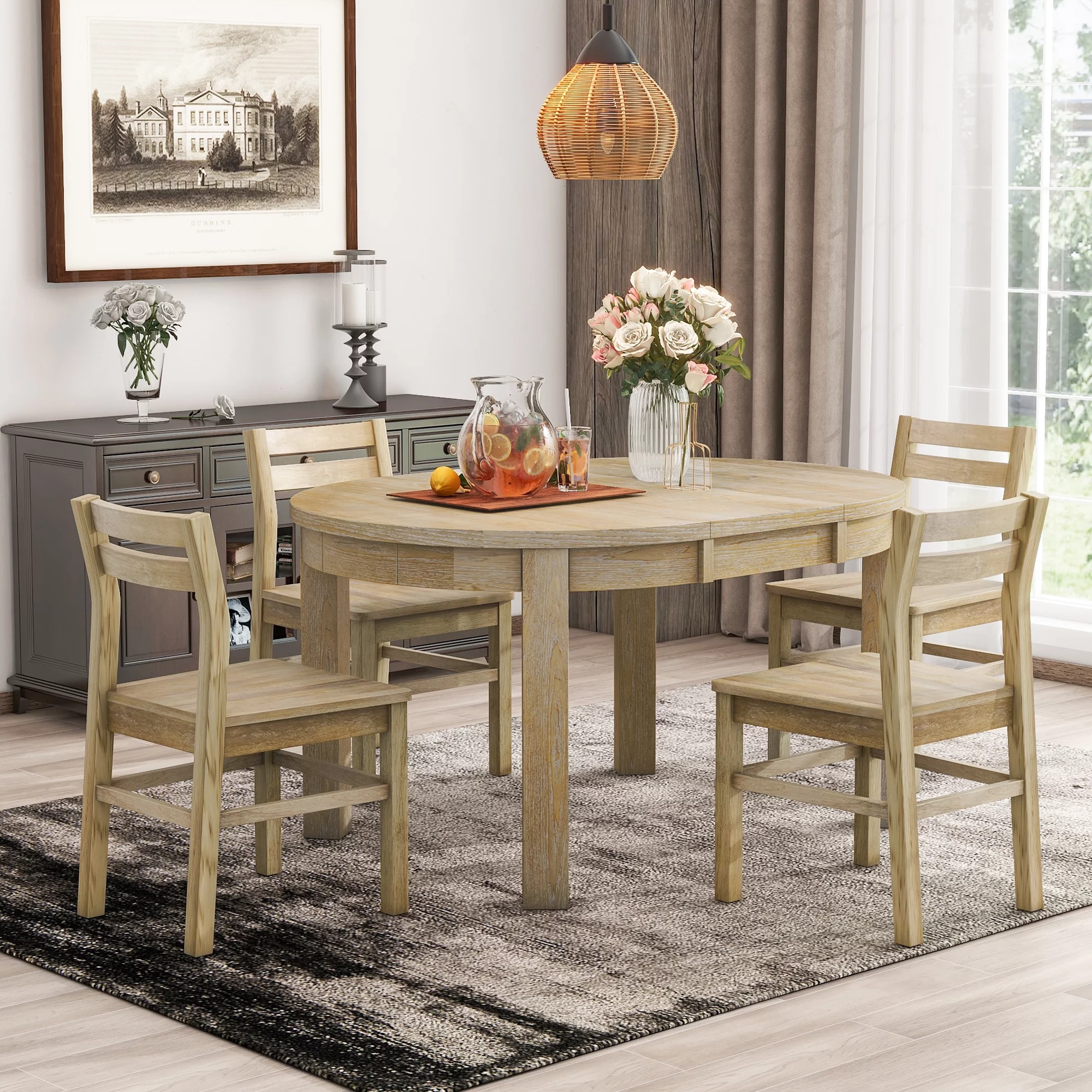 Churanty Round Extendable Dining Table Set Solid Wood Farmhouse 5 Piece Kitchen Dining Set for 4 with Leaf and Drawers,Natural - Curated Treasures Market