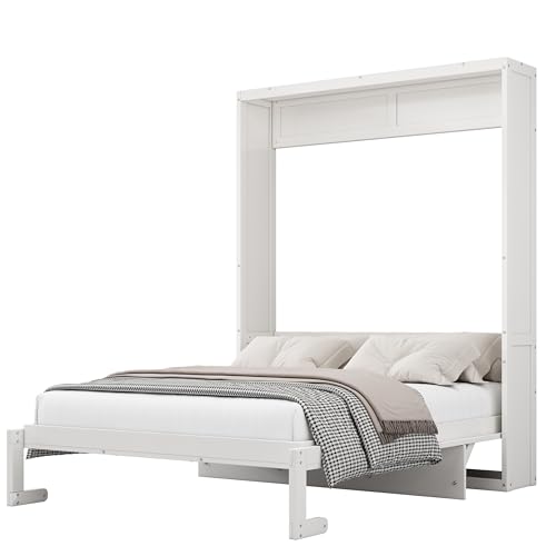 Queen Size Murphy Bed Wall Bed with 2 Side Cabinet Storage Shelf & Desk Combo,68-inch Vertical Wall Bedframe w/Can Be Folded for Bedroom Guest Room Small Space, White