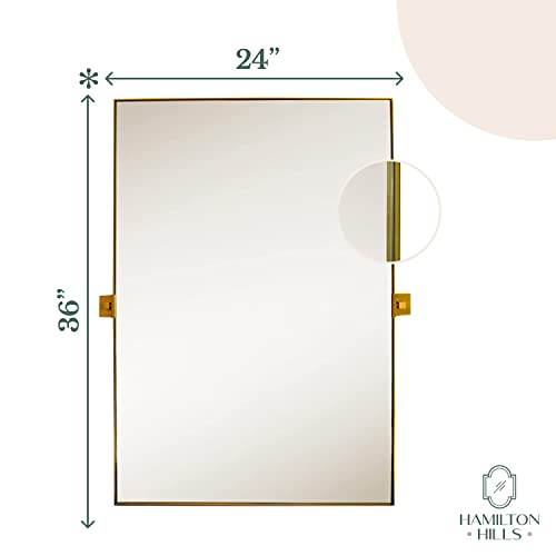 Hamilton Hills 24x36 inch Gold Metal Framed Rectangular Pivot Mirror for Wall | Beveled Frame Vanity Mirror Wall Decor | Wall-Mounted Bedroom, Bathroom Mirror with Hinges Brackets Included