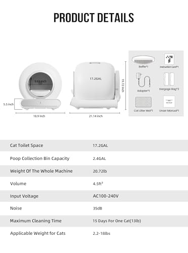 Self Cleaning Litter Box, 65L+9L Large Capacity Automatic Cat Litter Box Self Cleaning for Multiple Cats, Safety Protection/Smart App Control/Includes Liners & Mat