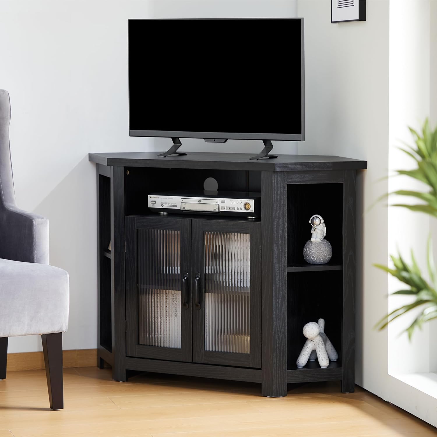 Corner TV Stand for TVs up to 50 Inch, Media Entertainment Center with Storage Shelves and Glass Doors, Console Table Buffet Cabinet for Living Room Bedroom