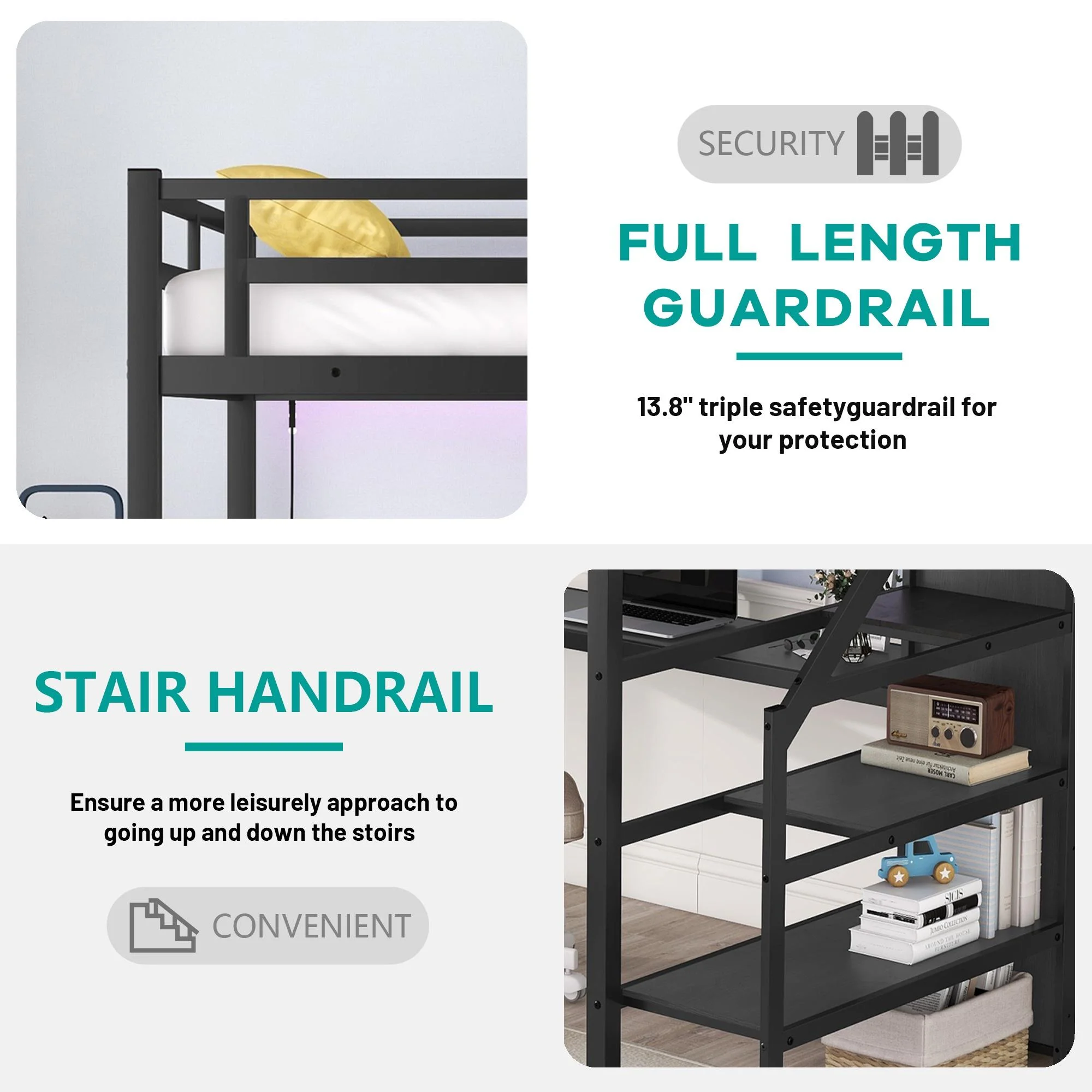 Full Size Loft Bed with Desk and Stairs, Metal Loft Bed Frame with Wardrobe and USB Charging Station, High Loft Bed with LED Light for Kids Teens Adults-Black