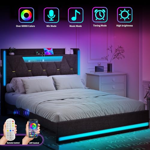 King LED Bed Frame with Hidden Storage and 2-Tier Storage Shelvs Headboard,Bed Frame with Charging Station and LED Lights,No Box Spring Needed, Dark Gray Linen Cloth