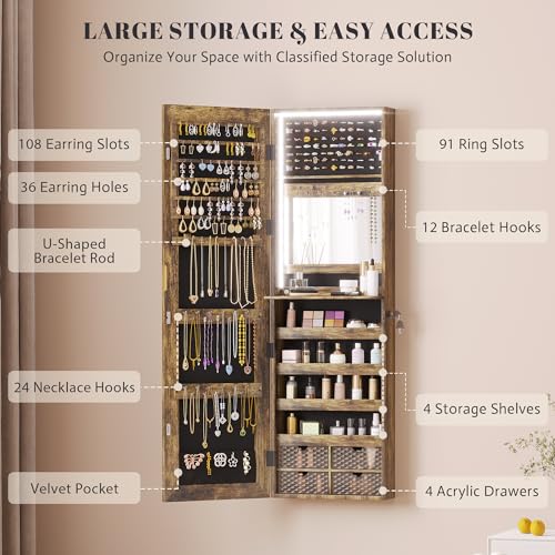 Vlsrka 47.2" LED Grey Jewelry Mirror Cabinet, Wall/Door Mounted Jewelry Armoire Organizer with Full-Length Mirror, Large Capacity Storage Hanging Cabinet, 4 Drawers, 5 Shelves, Built-in Lighted Mirror