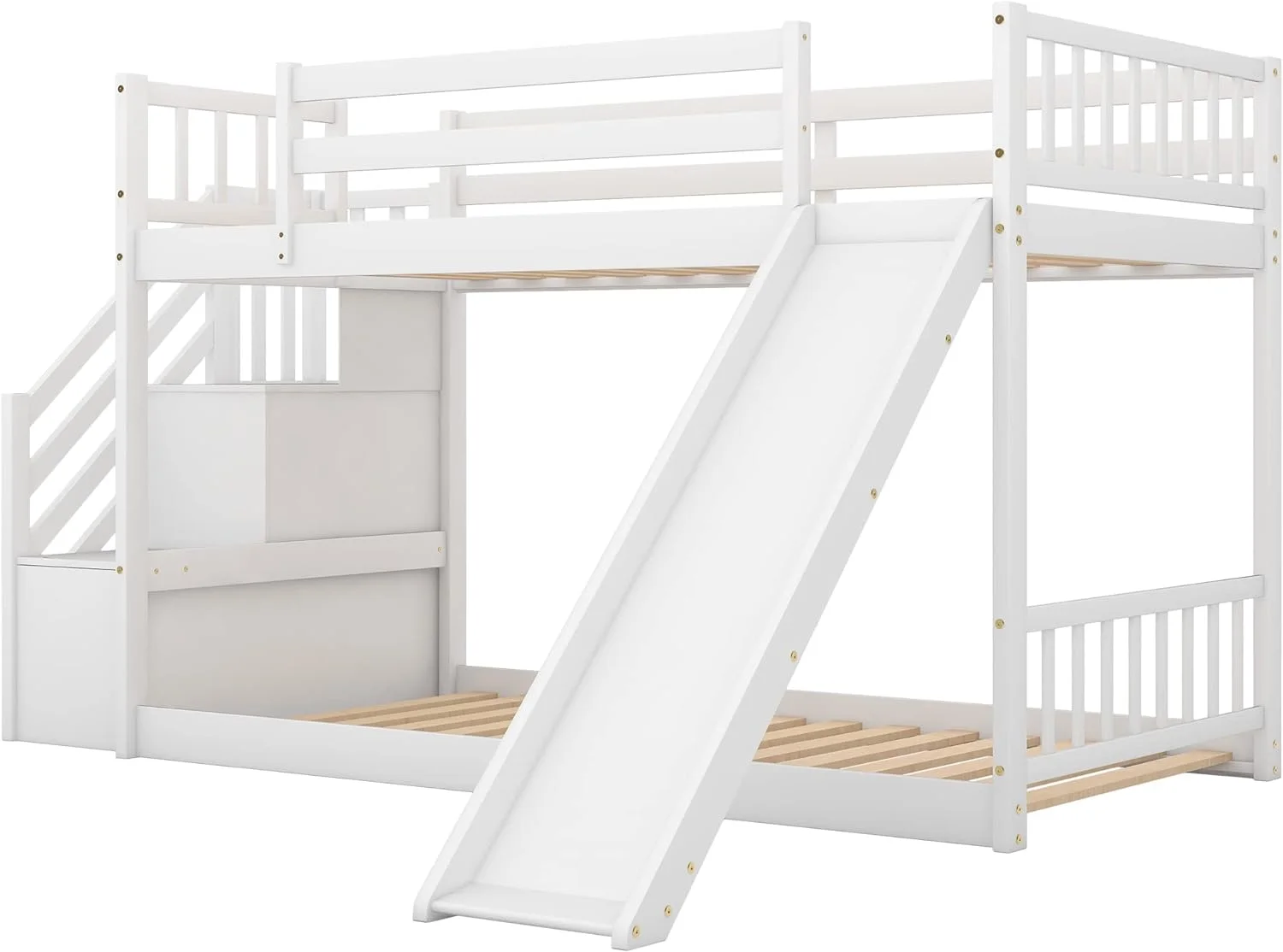 Kids Bunk Bed With Stairs, Over Bunk Bed With Stairs And Slide, Low Bunk Bed For Toddlers Wood, Bunk+Bed+With+Slide, White