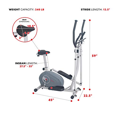 Sunny Health & Fitness 2-in-1 Magnetic Elliptical Upright Bike Essential Workout, Full-Body Exercise, Adjustable Seat Plus Multi-Function Digital Monitor, Optional SunnyFit App Bluetooth Connectivity