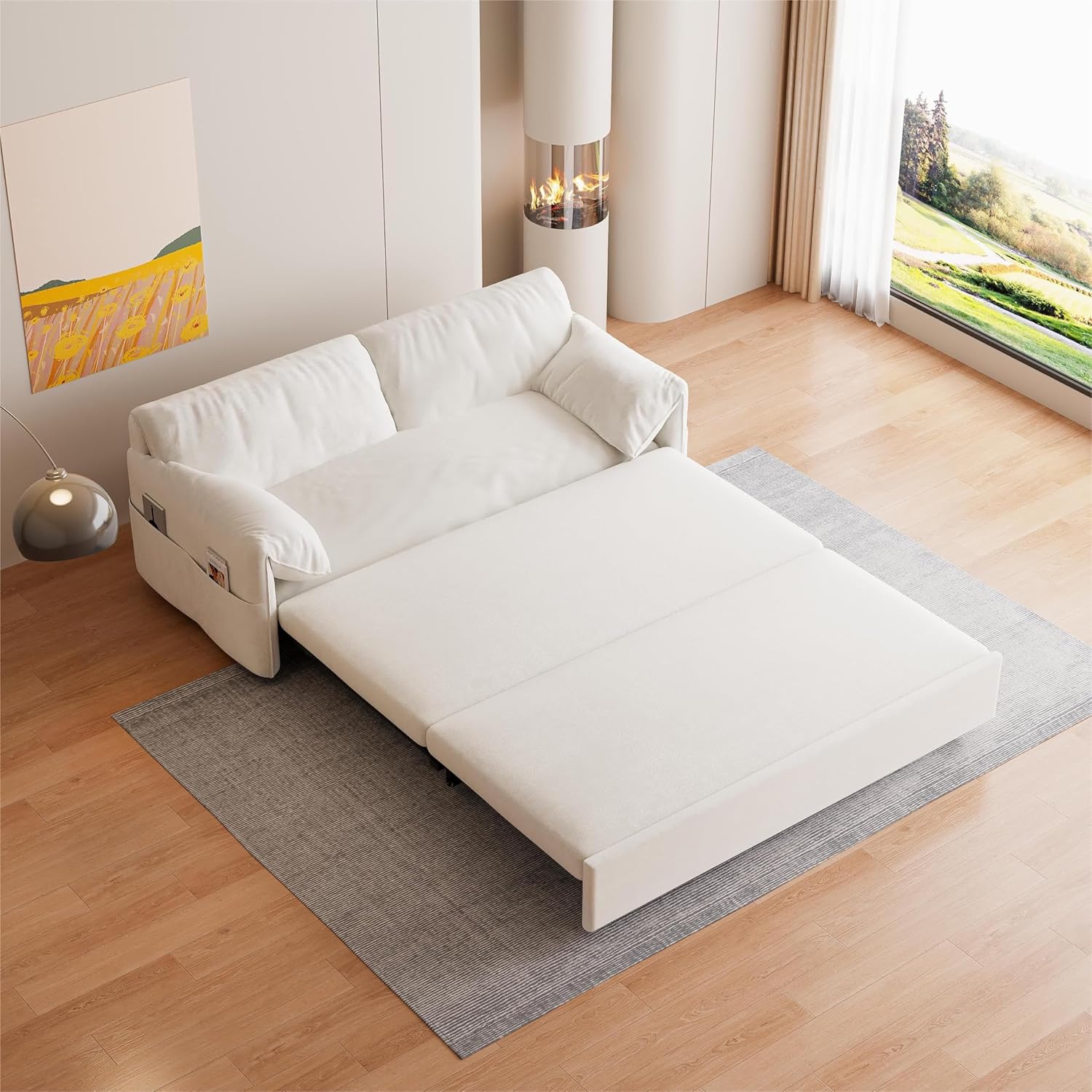 63.8" Futon Sofa Bed Queen Size, Pull Out Bed, 3-in-1 Convertible Sleeper Sofa with Side Pocket, Modern Velvet Futon Couch for Living Room, Small Space, Apartment, Bedroom, Beige