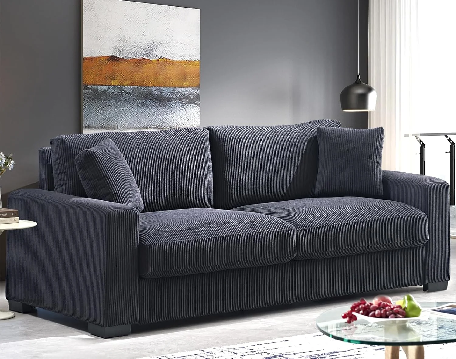 Luxe Corduroy Sofa with 2 Toss Pillows, Spacious and Comfortable 3 Seater Couch