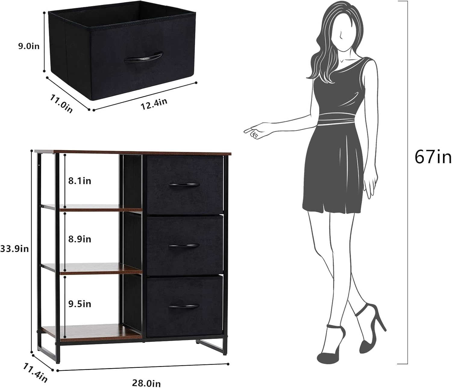 LYNCOHOME Dresser with 3 Drawers and Shelves, Storage Cabinet, Office Lateral File Cabinets, Shlef Storage Organizer for Bedroom, Livingroom, Office(Left Shelf)