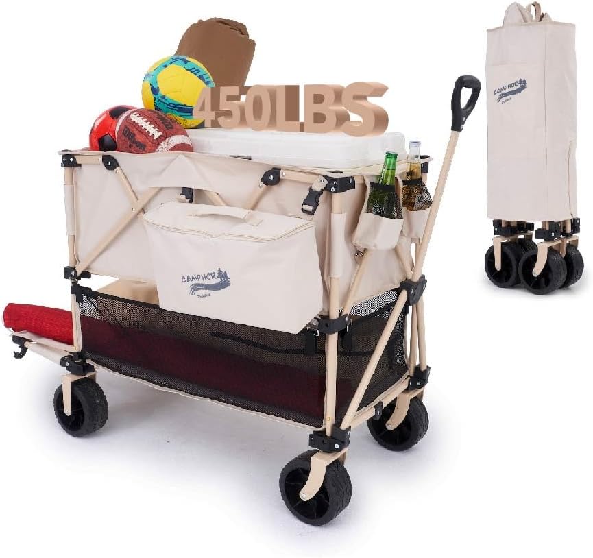 400L Collapsible Folding Double Decker Beach Wagon |Heavy Duty Utility Cart Extender|Supports 450lbs|All-Terrain Big Wheels with Breaks for Sports Camping (Beige/Beige)
