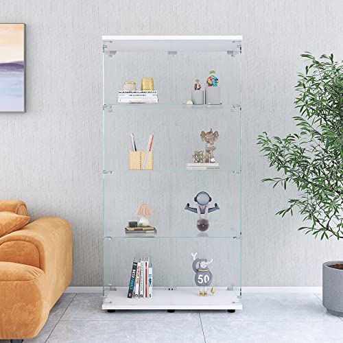Glass Display Cabinet with Door, Floor Standing Curio Bookshelf for Living Room Bedroom Office (BLACK, 4 Shelf Double Door)