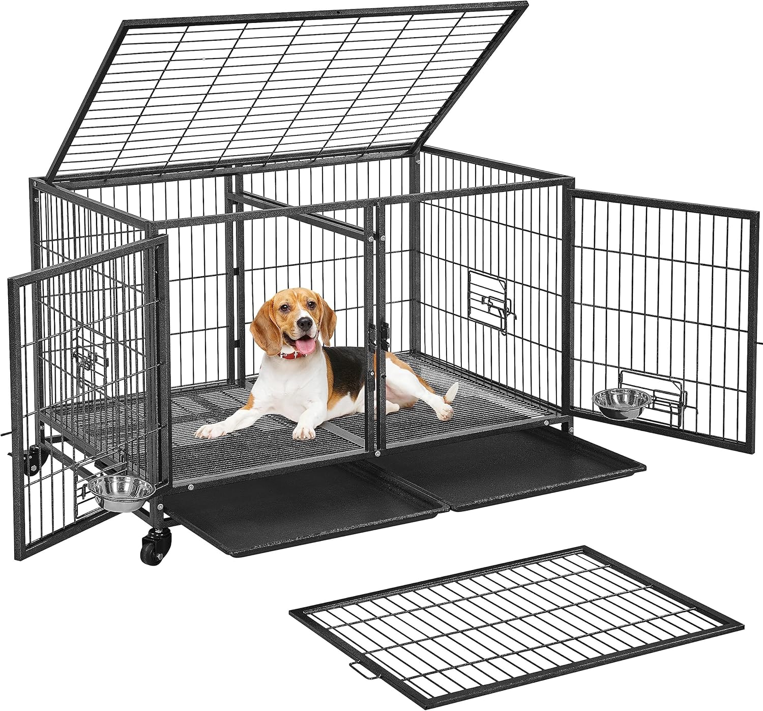 Yaheetech Stackable Dog Crate with Divider 43'' Rolling Heavy Duty Dog Cage with Open Top/ 2 Removable Trays for Small/Medium Dog, Double Story