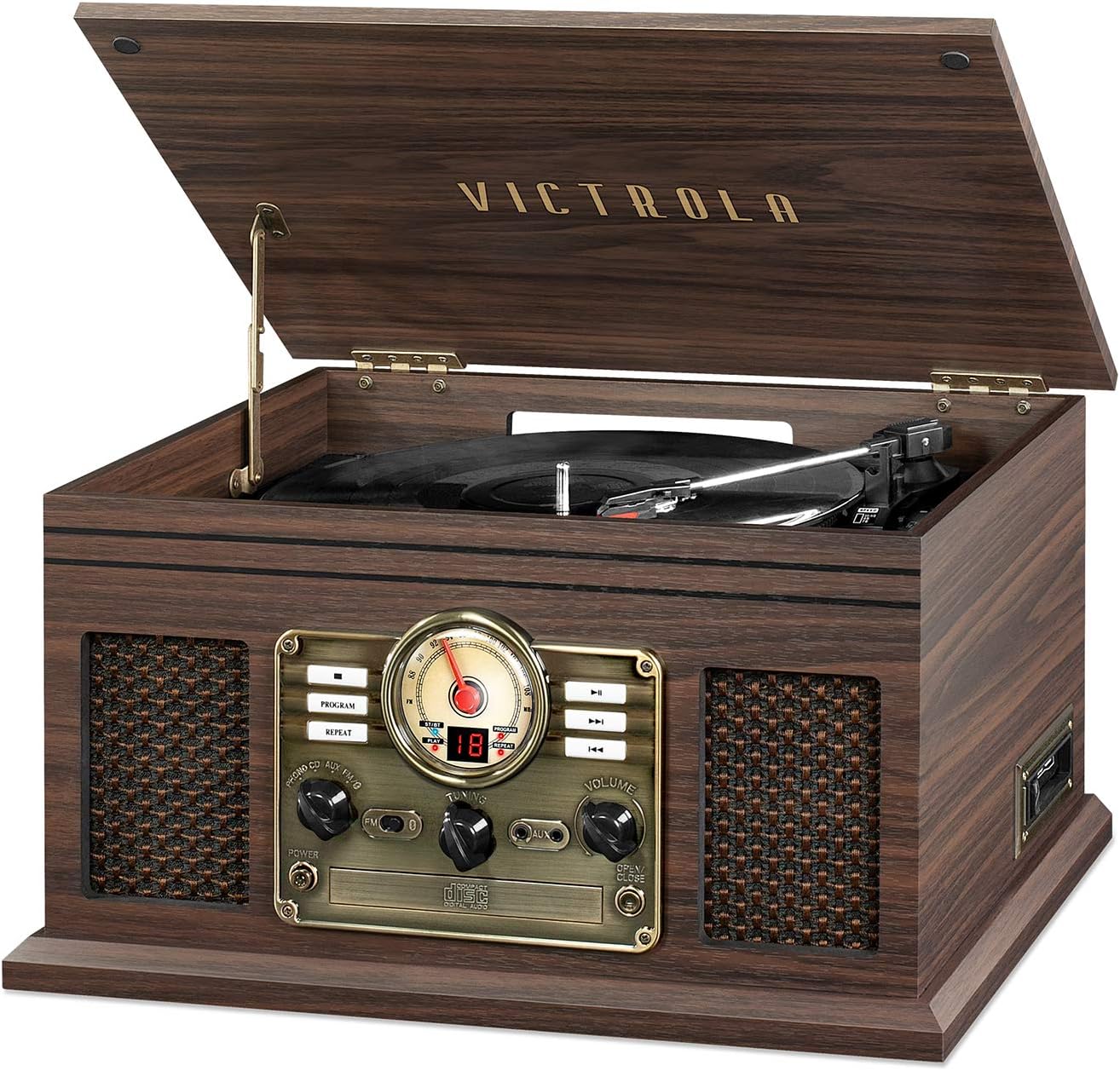 Victrola Nostalgic 6-in-1 Bluetooth Record Player & Multimedia Center with Built-in Speakers - 3-Speed Turntable, CD & Cassette Player, FM Radio | Wireless Music Streaming | Mahogany