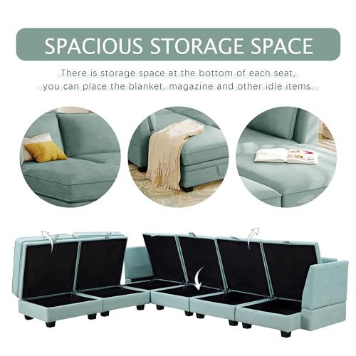 Loveseat U-Shape Sectional, Convertible Bed Chaise for Living Room with Ottomans Reversible Modular Sofa 6 Seater Couch with Storage Seat, Green