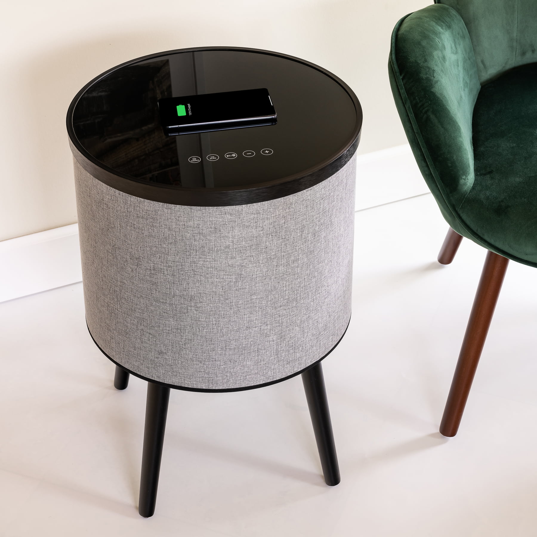 DecorTech Round Bluetooth Speaker End Table with Wireless Charging, Gray