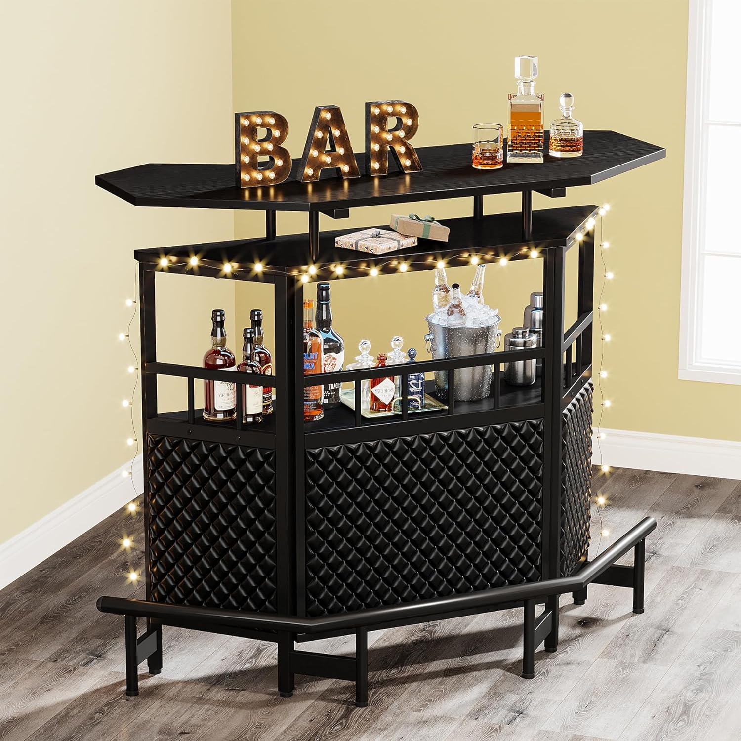 Bar Unit for Liquor, 4 Tier Home Bar Cabinet with Stemware Rack, Storage Shelf and Footrest, 47.24" L x 20.86" W x 43.3" H, Black