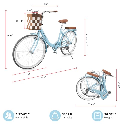 LayBurst Foldable Beach Cruiser Bike,Stylish 26-Inch Women's Bike with Front Basket,7-Speed,Classic Paint,Streamlined Design,Ladies' Bike for Commuting,Fitness,and Vacation