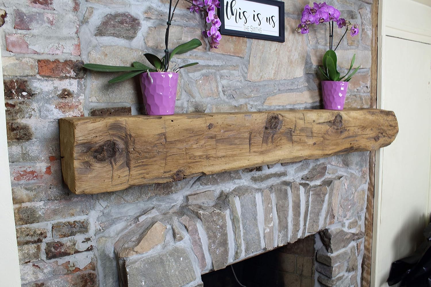 Modern Timber Craft Fireplace Mantel Shelf - Hand Hewn Wood Barn Beam - Authentic Reclaimed Wooden Rustic Shelving 48 Inches