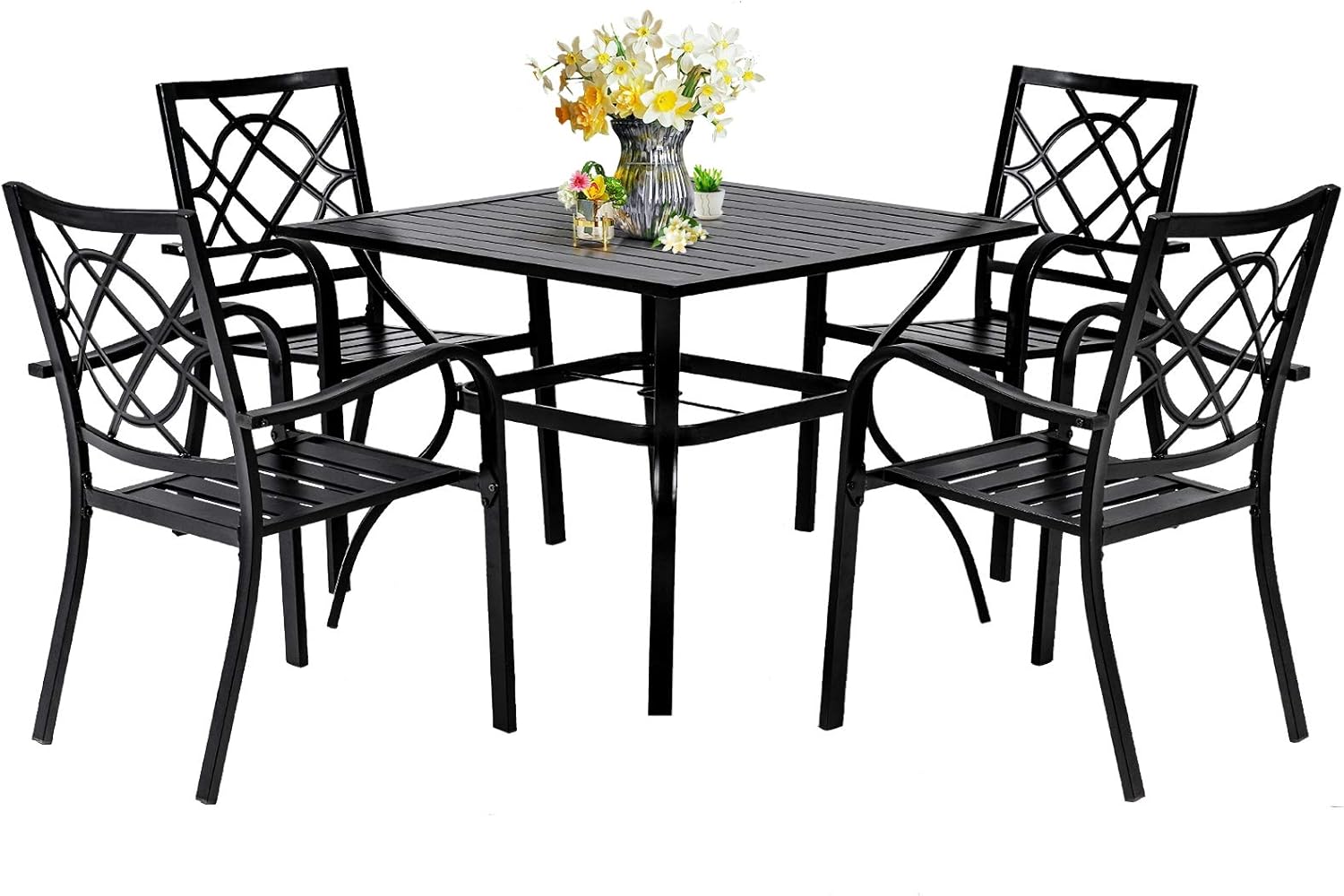 SUNCROWN 5-Piece Outdoor Wrought Iron Chairs and Table Patio Dining Furniture Set - 4 Stackable Metal Chairs and 1 Square Steel Slat Bistro Table with 1.57" Umbrella Hole for Backyard Garden Deck