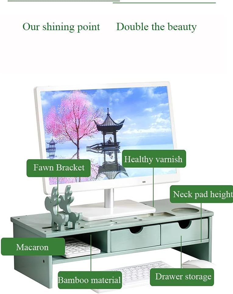 Bamboo Wood Monitor Stand Ergonomic Computer Riser 2-Tier Drawers Adjustable with Storage Organizer Drawers Desktop Laptop Shelf Risers Cellphone Stand for Home and Office Use