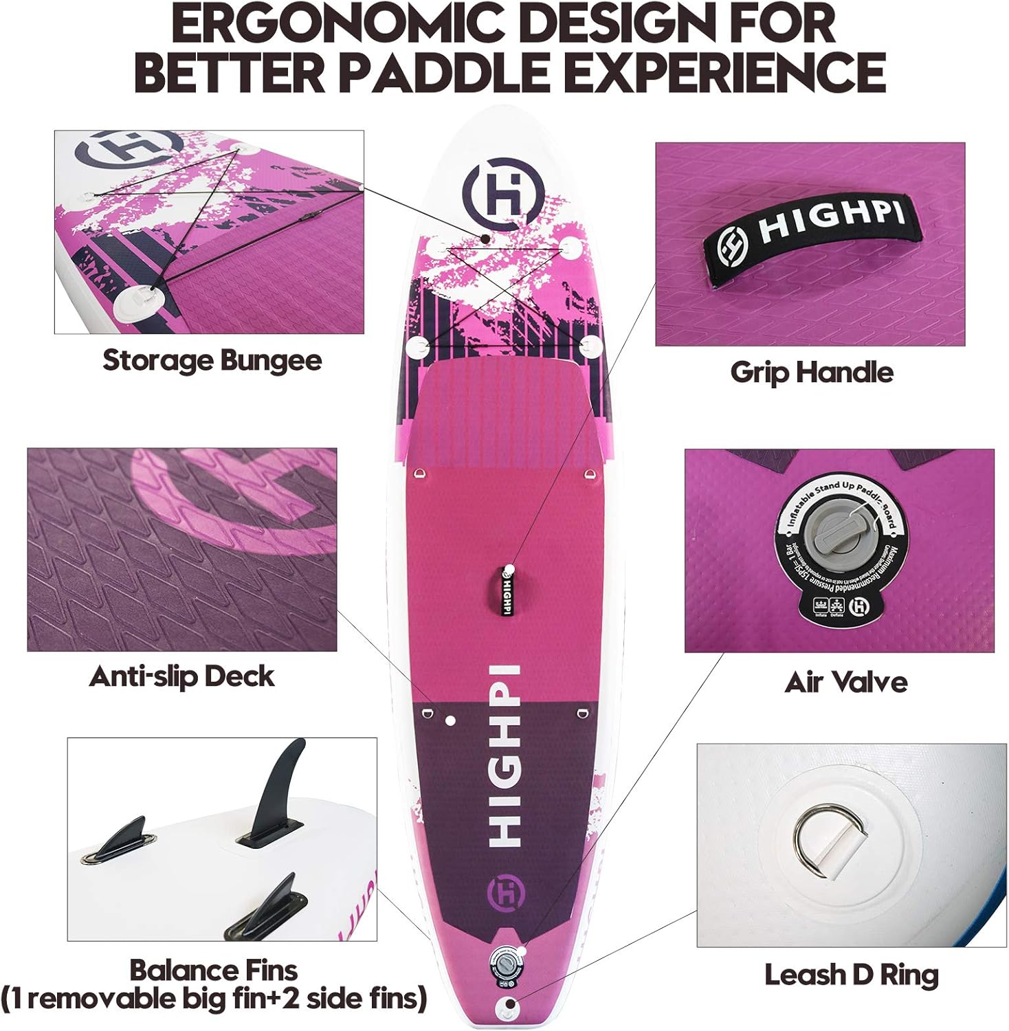 Highpi Inflatable Stand Up Paddle Board with Premium SUP Accessories, Backpack, Wide Stance, Surf Control, Non-Slip Deck, Leash, Paddle and Pump, Standing Boat for Youth and Adult
