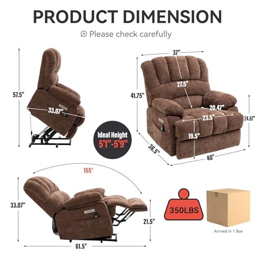 Large Power Lift Recliner Chair with Massage and Heat for Elderly, Ergonomic Backrest, Infinite Adjust, 2 Side Pockets, Stainless Steel Cup Holders, USB and Type-C Ports, Chenille Beige