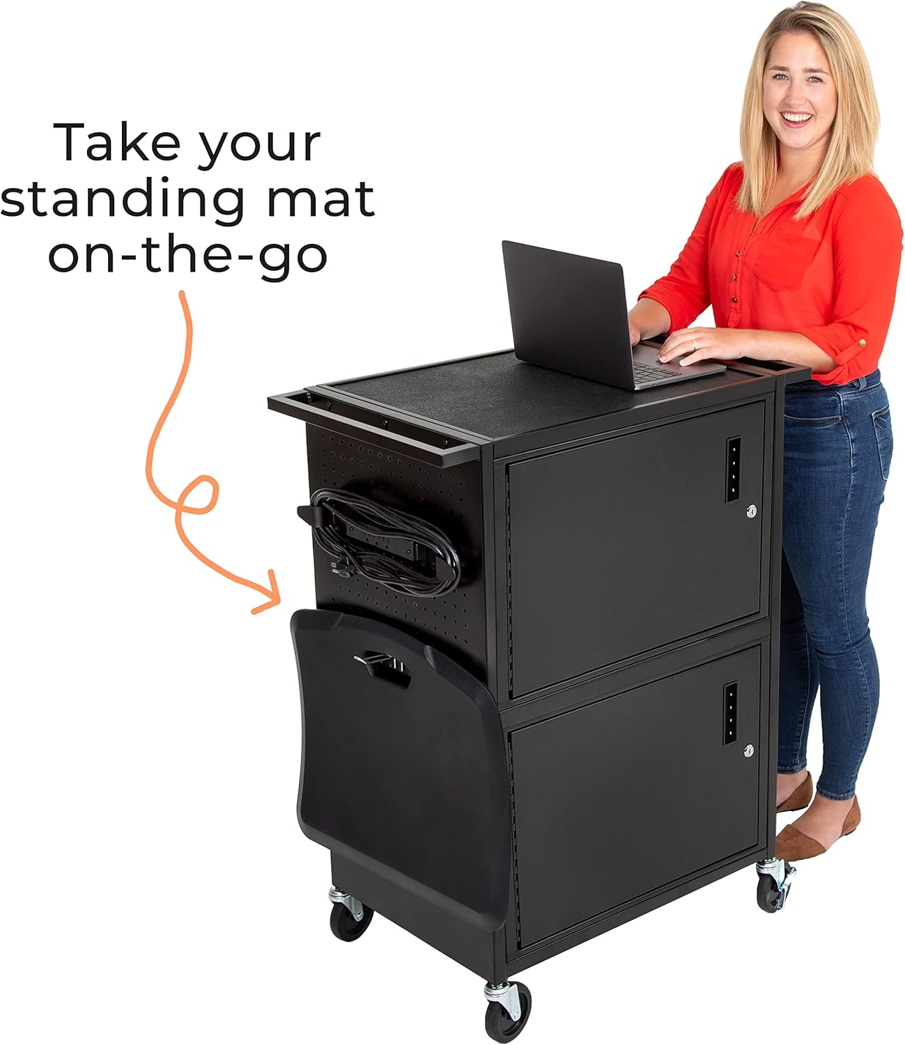 Line Leader Stellar AV Cart | Computer Cart with Pegboard Siding & 12 Hooks for Customizable Storage | Locking Cabinet & Pullout Keyboard Tray | UL Safety Certified Power Outlets | Locking Wheels