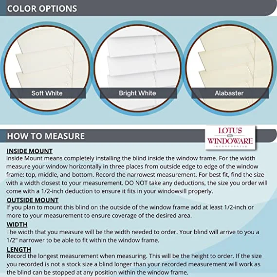Lotus & Windoware Cordless 2" Faux Wood Room Darkening Horizontal Blind, 19" Width x 72" Length, Bright White, Smooth