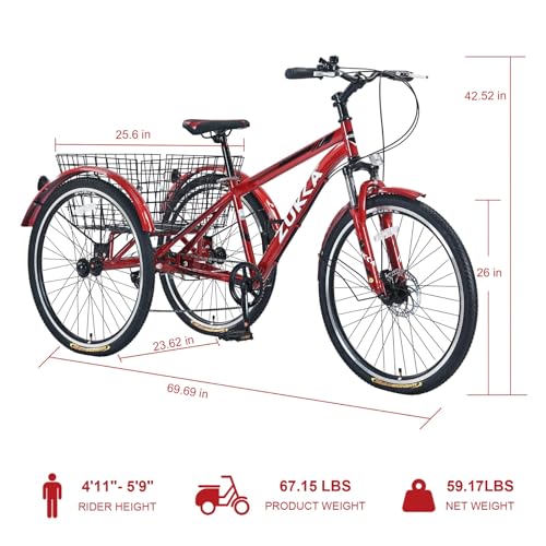 Adult Tricycle Bike,7-Speed Mountain Tricycle,26-Inch 3 Wheels,Comfortable Widen Saddle,Rear Integrated Shopping Basket