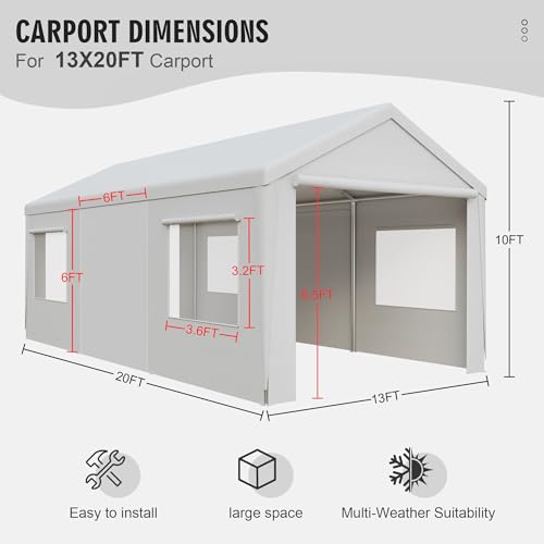 10' x 20' Carport, Heavy Duty Car Canopy Portable Garage with Removable Sidewalls and Roll-up Ventilated Doors & Windows for Car,SUV, Truck, Boat.Gray
