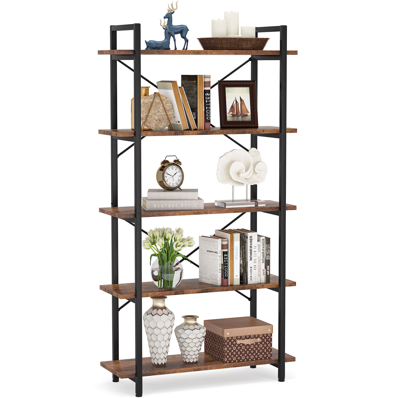 Tribesigns 5 Tier Shelf Unit for Living Room Office 62.99"H Rustic Brown Bookcase