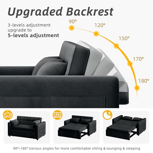 DWVO 55" Futon Couch, 3-in-1 Futon Sleeper with Pull-Out Bed, Convertible Sofa Bed with Adjustable Backrest and Side Pocket, Modern Loveseat Sleeper for Living Room, Grey Velvet, Full Size