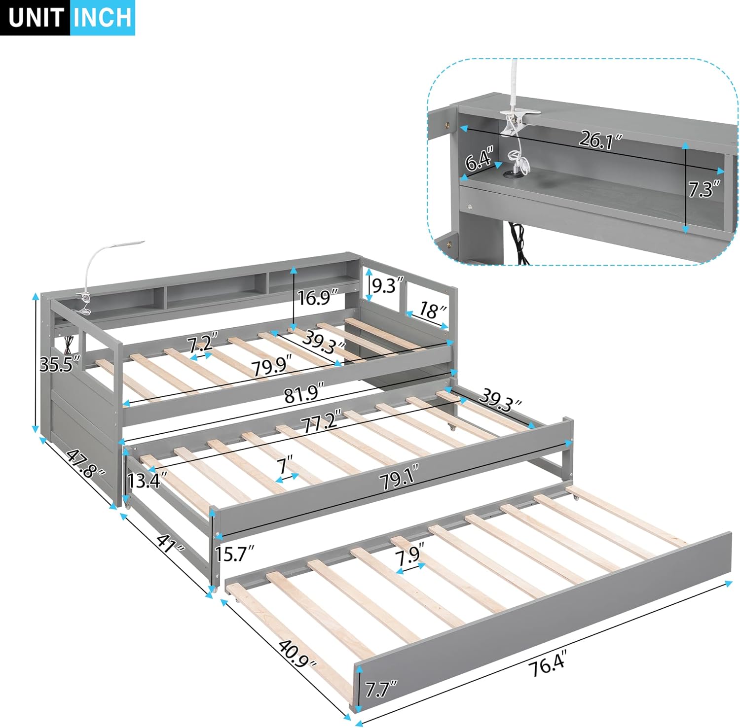 Bellemave Twin XL Daybed with 2 Trundle Beds Wood Platform Bed with Storage Headboard, Twin XL Day Bed Frame with USB Charging and Light for Bedroom and Living Room, Gray
